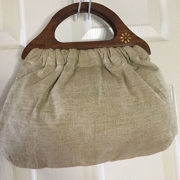 Aldo khaki canvas beads wooden handle satchel bag - Picture 5 of 11